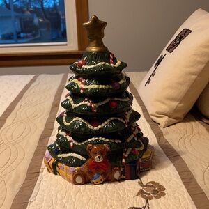Festive Ceramic Christmas Tree with Teddy Bear - Green and Gold